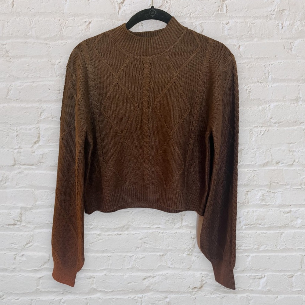 Brown Knit Sweater With Puff Sleeves